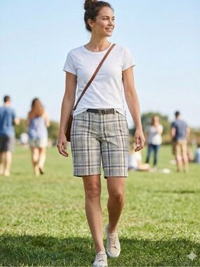 Merona Plaid Bermuda Shorts Size 14 Tan Blue Stretch Casual